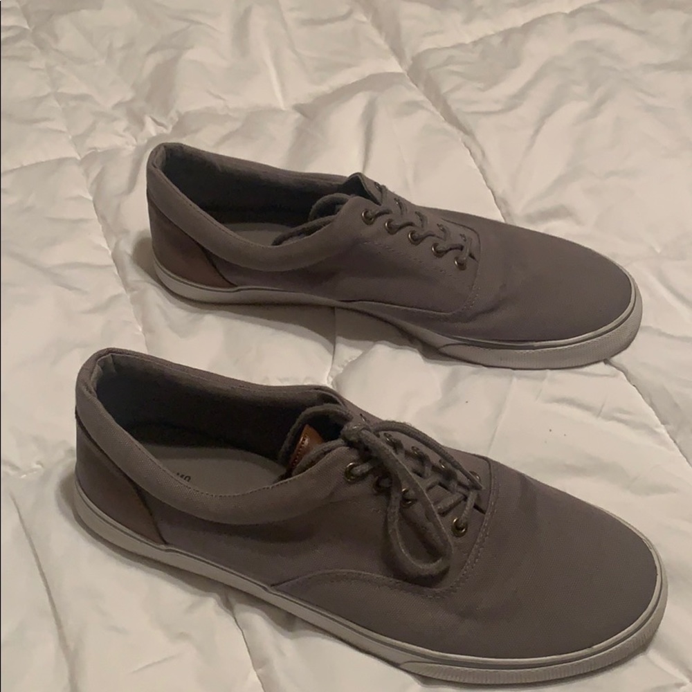 Grey and brown low top shoes